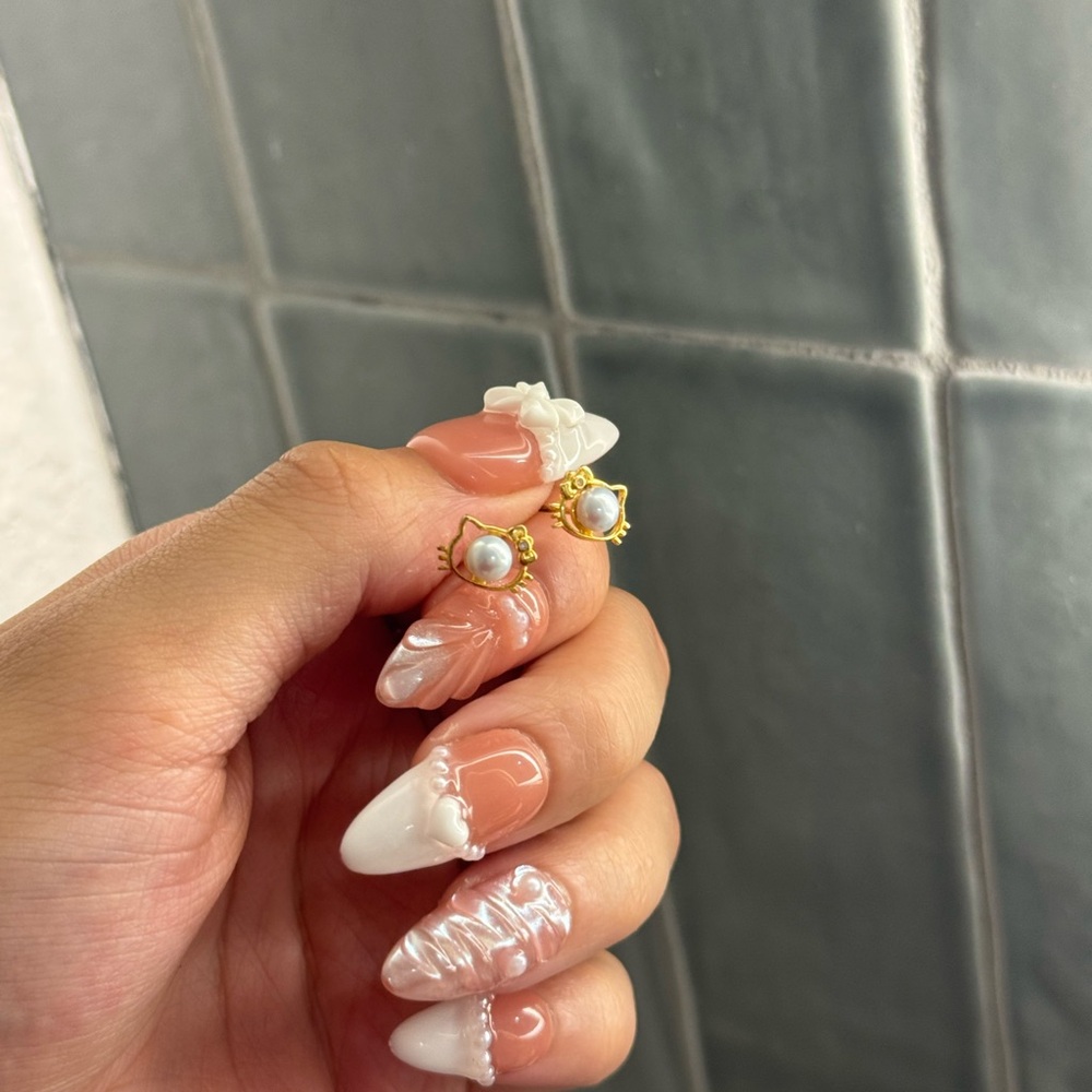 Gold and Pearl Hello Kitty Stud Earrings